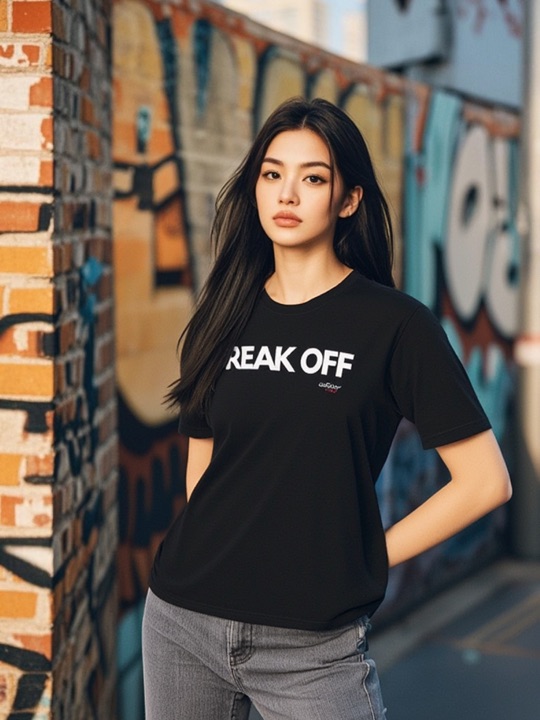 Freak Off shirt styled in an urban lookbook scene