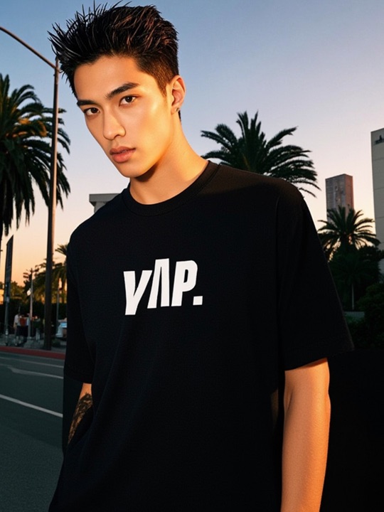 YAP shirt styled in a sunset city lookbook scene