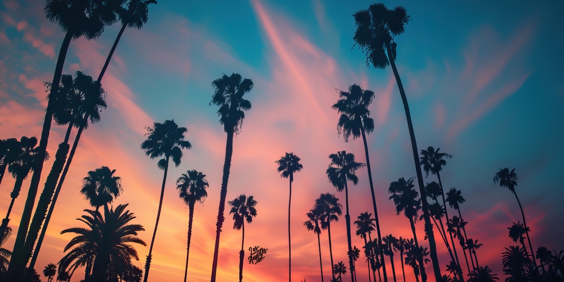 Palm trees silhouetted against a vivid Los Angeles sky